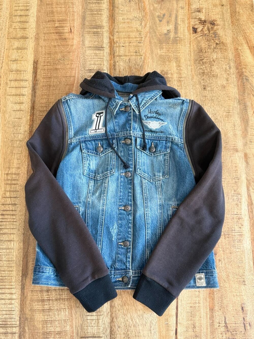 Harley-Davidson Women's Denim Jacket M Blue Zip-Off Sleeve Vest Hood 98402-20VW
